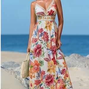 Cupshe Floral V-Neck Maxi Dress in White with Multicolor Print